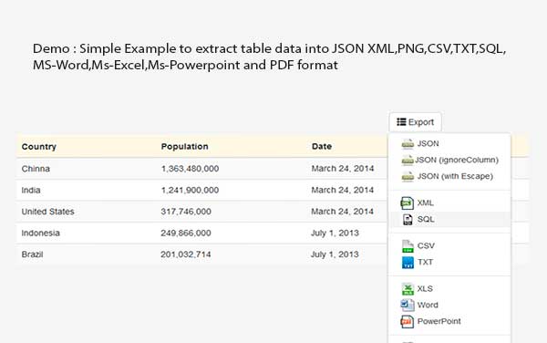 Cómo exporte datos de tablas HTML a Excel, CSV, PNG y PDF con jQuery